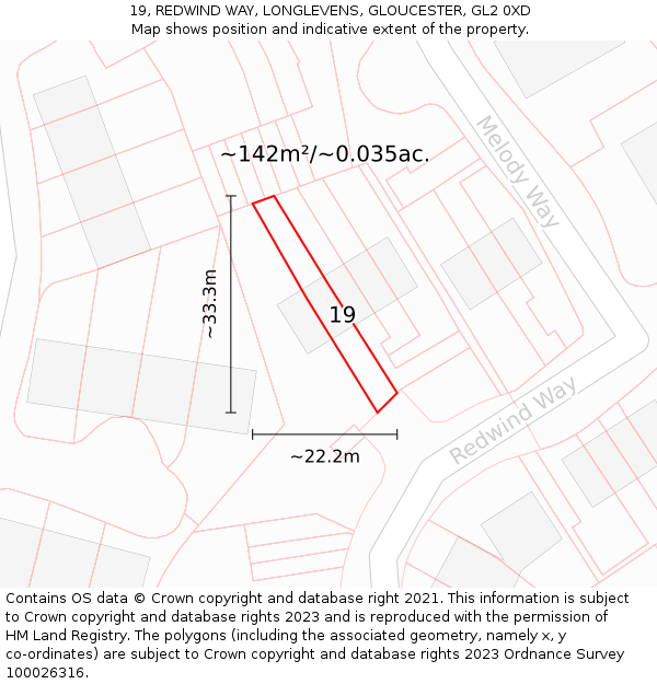 19, REDWIND WAY, LONGLEVENS, GLOUCESTER, GL2 0XD: Plot and title map