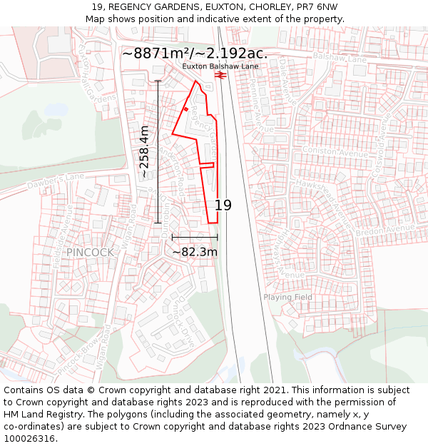 19, REGENCY GARDENS, EUXTON, CHORLEY, PR7 6NW: Plot and title map