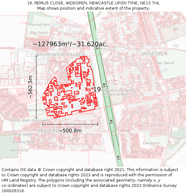 19, REMUS CLOSE, WIDEOPEN, NEWCASTLE UPON TYNE, NE13 7HL: Plot and title map