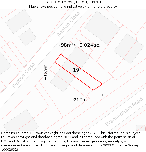 19, REPTON CLOSE, LUTON, LU3 3UL: Plot and title map