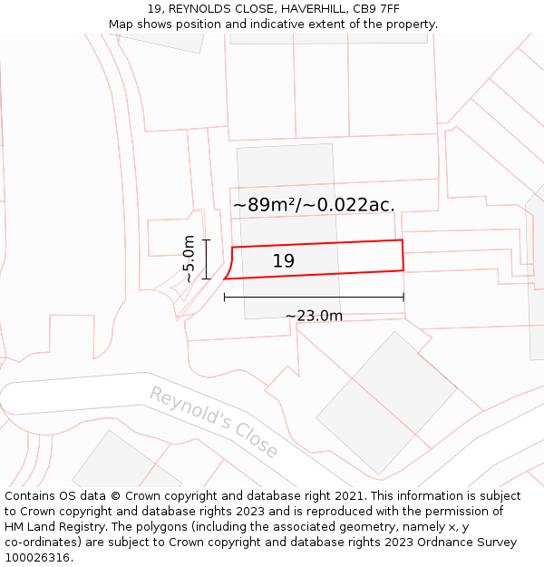 19, REYNOLDS CLOSE, HAVERHILL, CB9 7FF: Plot and title map