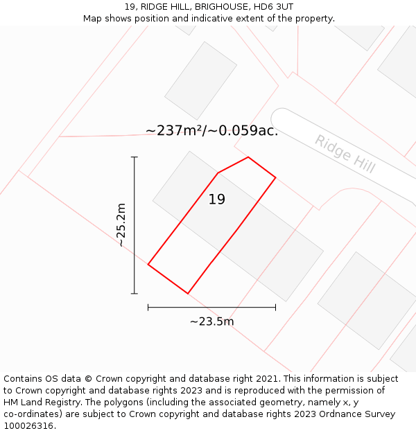 19, RIDGE HILL, BRIGHOUSE, HD6 3UT: Plot and title map