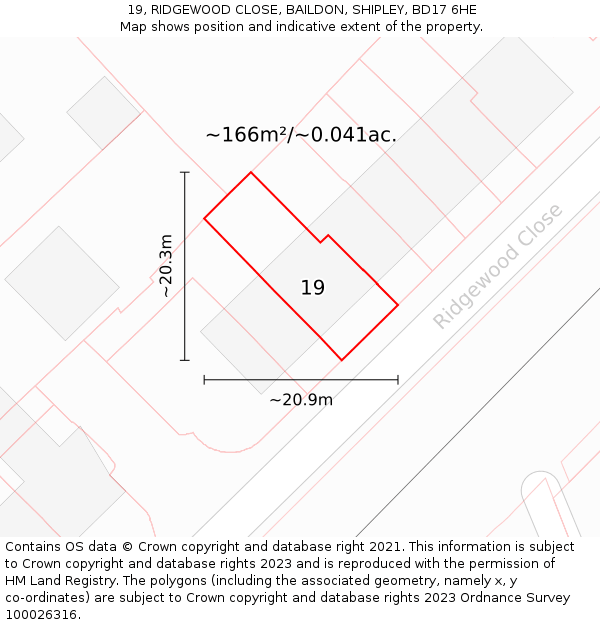 19, RIDGEWOOD CLOSE, BAILDON, SHIPLEY, BD17 6HE: Plot and title map