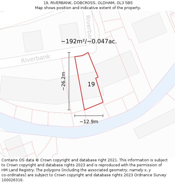 19, RIVERBANK, DOBCROSS, OLDHAM, OL3 5BS: Plot and title map