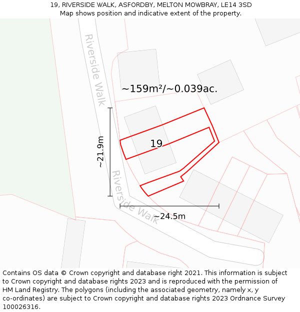19, RIVERSIDE WALK, ASFORDBY, MELTON MOWBRAY, LE14 3SD: Plot and title map