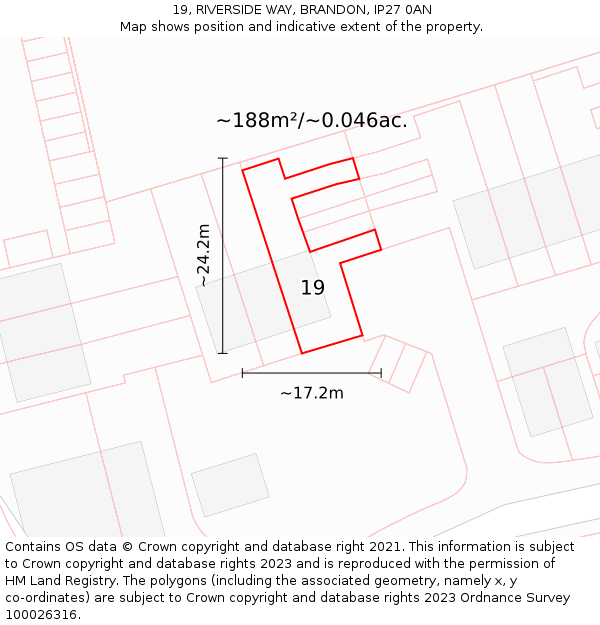 19, RIVERSIDE WAY, BRANDON, IP27 0AN: Plot and title map