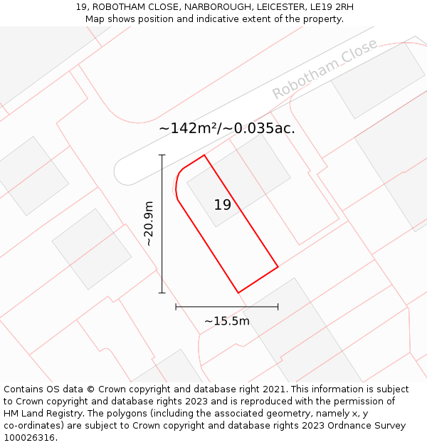 19, ROBOTHAM CLOSE, NARBOROUGH, LEICESTER, LE19 2RH: Plot and title map