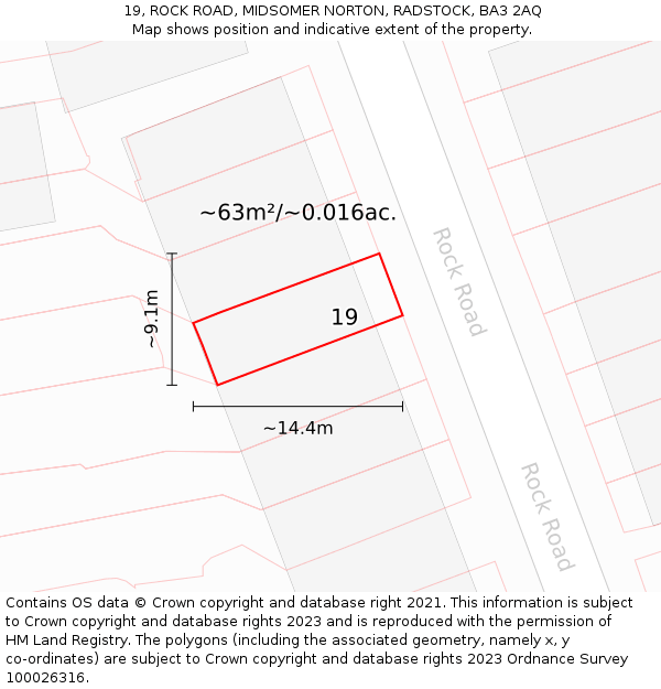 19, ROCK ROAD, MIDSOMER NORTON, RADSTOCK, BA3 2AQ: Plot and title map