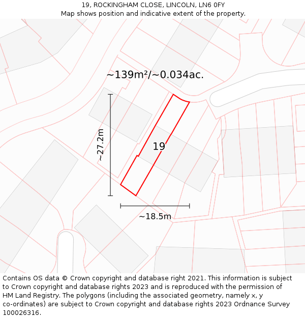 19, ROCKINGHAM CLOSE, LINCOLN, LN6 0FY: Plot and title map