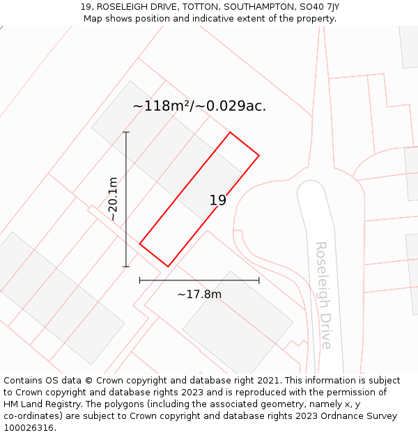 19, ROSELEIGH DRIVE, TOTTON, SOUTHAMPTON, SO40 7JY: Plot and title map