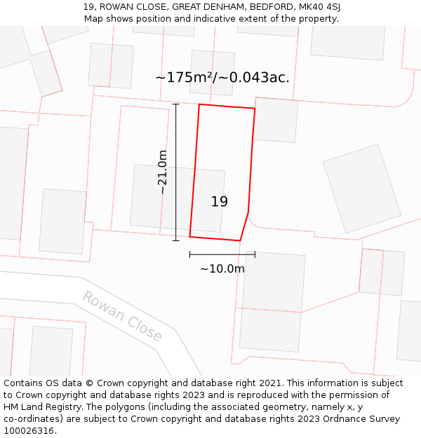 19, ROWAN CLOSE, GREAT DENHAM, BEDFORD, MK40 4SJ: Plot and title map