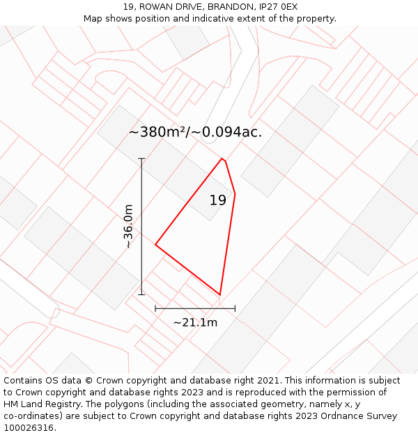 19, ROWAN DRIVE, BRANDON, IP27 0EX: Plot and title map