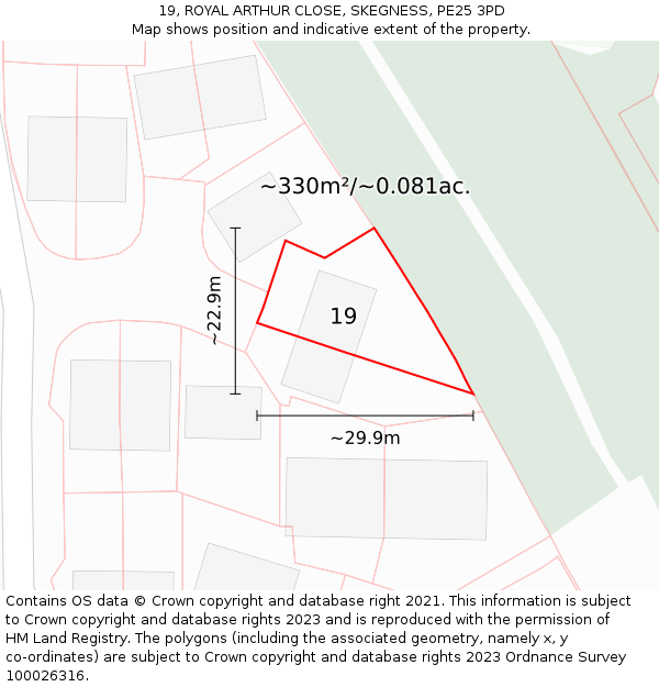19, ROYAL ARTHUR CLOSE, SKEGNESS, PE25 3PD: Plot and title map
