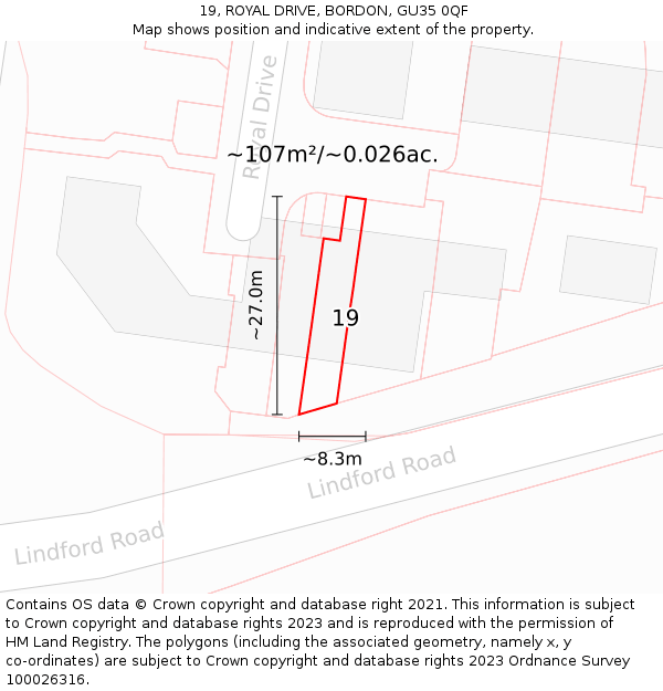 19, ROYAL DRIVE, BORDON, GU35 0QF: Plot and title map
