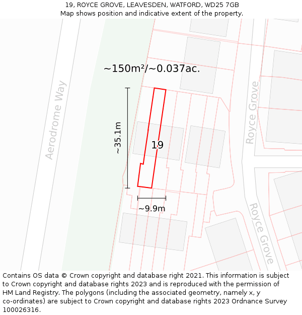 19, ROYCE GROVE, LEAVESDEN, WATFORD, WD25 7GB: Plot and title map