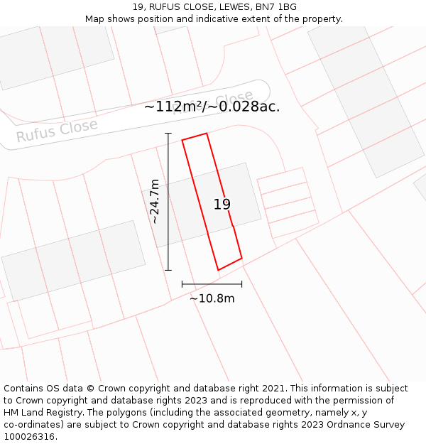 19, RUFUS CLOSE, LEWES, BN7 1BG: Plot and title map