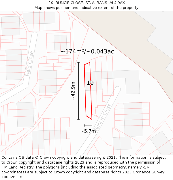 19, RUNCIE CLOSE, ST. ALBANS, AL4 9AX: Plot and title map