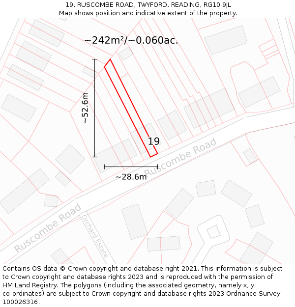 19, RUSCOMBE ROAD, TWYFORD, READING, RG10 9JL: Plot and title map