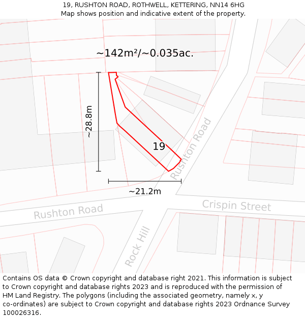 19, RUSHTON ROAD, ROTHWELL, KETTERING, NN14 6HG: Plot and title map