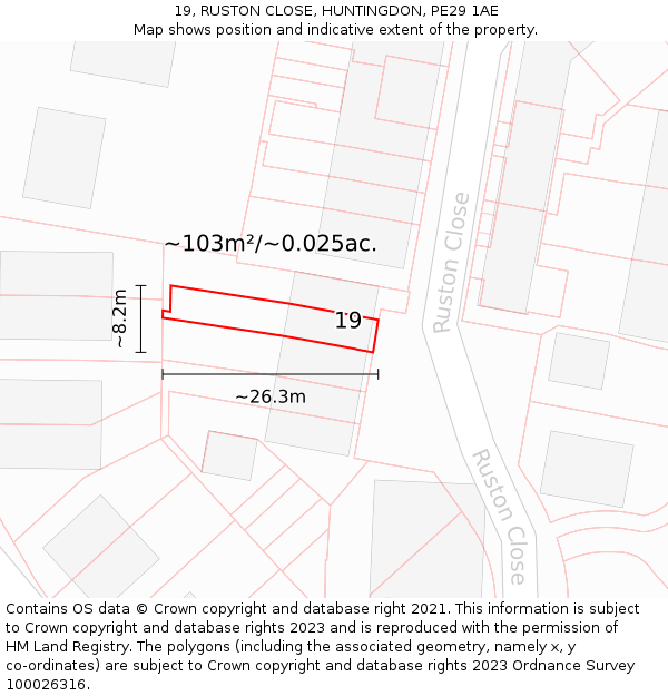 19, RUSTON CLOSE, HUNTINGDON, PE29 1AE: Plot and title map