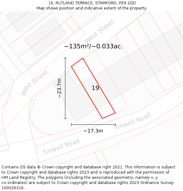 19, RUTLAND TERRACE, STAMFORD, PE9 2QD: Plot and title map