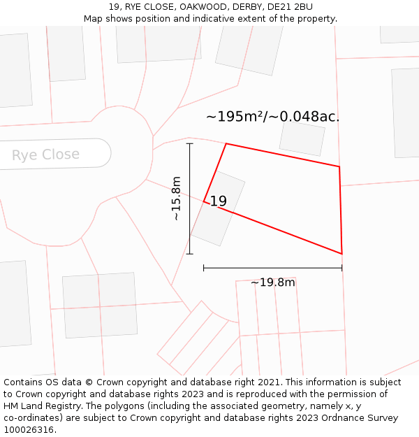19, RYE CLOSE, OAKWOOD, DERBY, DE21 2BU: Plot and title map