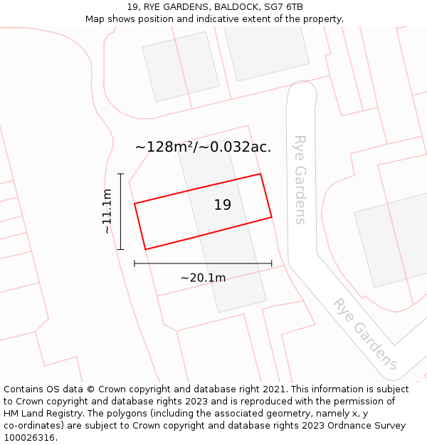 19, RYE GARDENS, BALDOCK, SG7 6TB: Plot and title map
