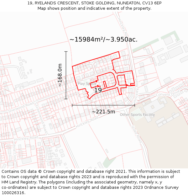19, RYELANDS CRESCENT, STOKE GOLDING, NUNEATON, CV13 6EP: Plot and title map