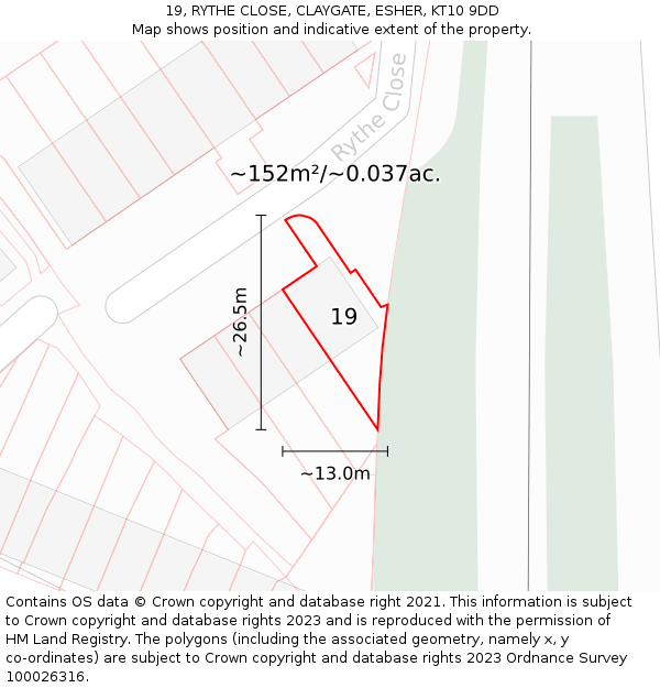 19, RYTHE CLOSE, CLAYGATE, ESHER, KT10 9DD: Plot and title map