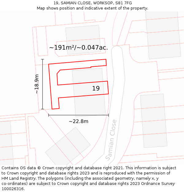 19, SAMIAN CLOSE, WORKSOP, S81 7FG: Plot and title map