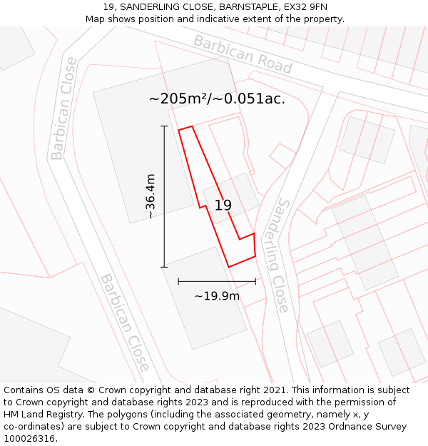 19, SANDERLING CLOSE, BARNSTAPLE, EX32 9FN: Plot and title map