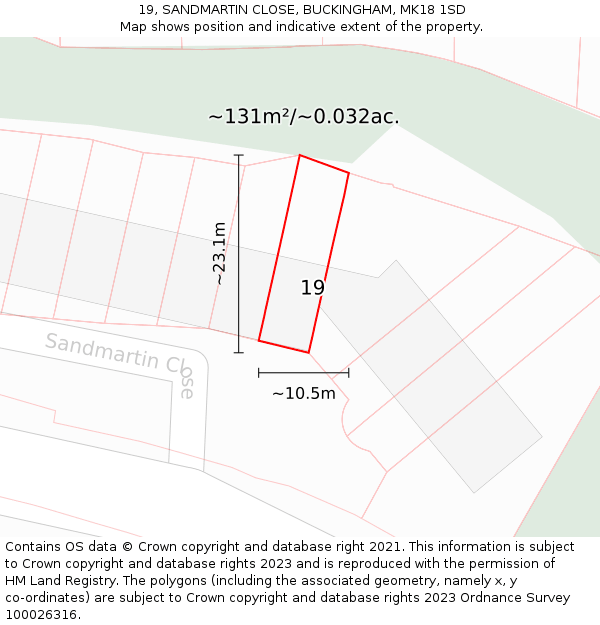 19, SANDMARTIN CLOSE, BUCKINGHAM, MK18 1SD: Plot and title map