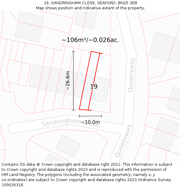 19, SANDRINGHAM CLOSE, SEAFORD, BN25 3EB: Plot and title map