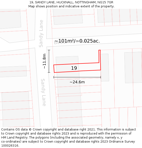 19, SANDY LANE, HUCKNALL, NOTTINGHAM, NG15 7GR: Plot and title map