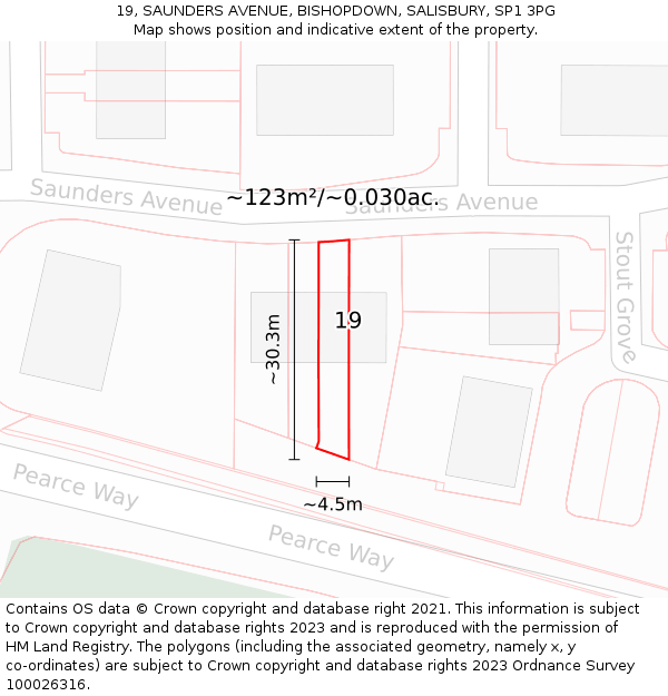 19, SAUNDERS AVENUE, BISHOPDOWN, SALISBURY, SP1 3PG: Plot and title map