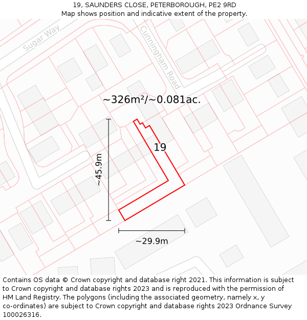 19, SAUNDERS CLOSE, PETERBOROUGH, PE2 9RD: Plot and title map