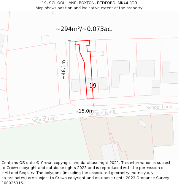 19, SCHOOL LANE, ROXTON, BEDFORD, MK44 3DR: Plot and title map