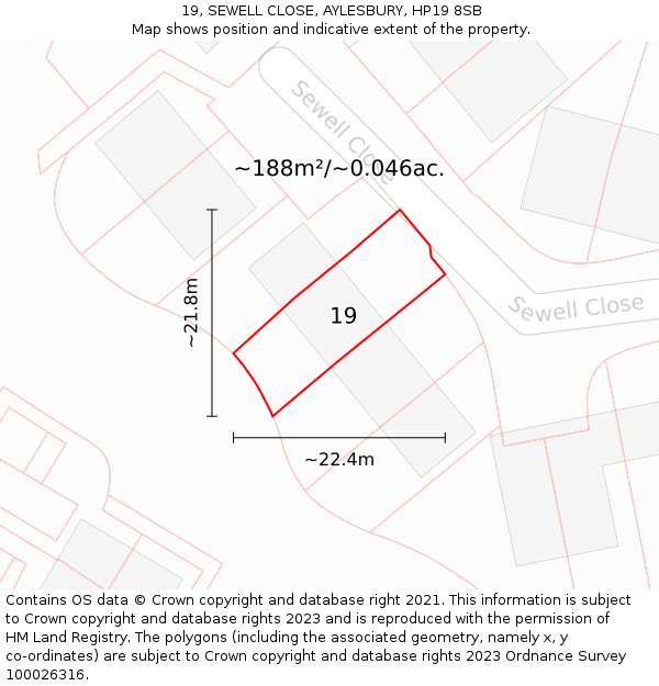 19, SEWELL CLOSE, AYLESBURY, HP19 8SB: Plot and title map