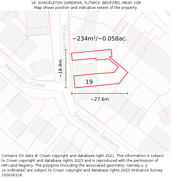 19, SHACKLETON GARDENS, FLITWICK, BEDFORD, MK45 1GR: Plot and title map