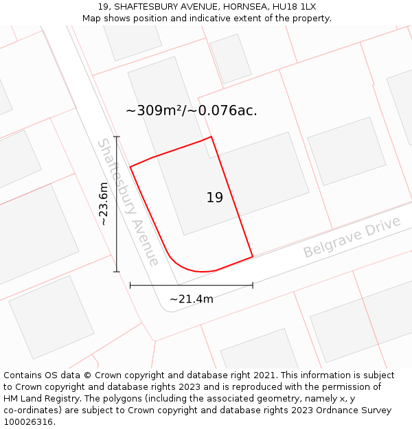 19, SHAFTESBURY AVENUE, HORNSEA, HU18 1LX: Plot and title map