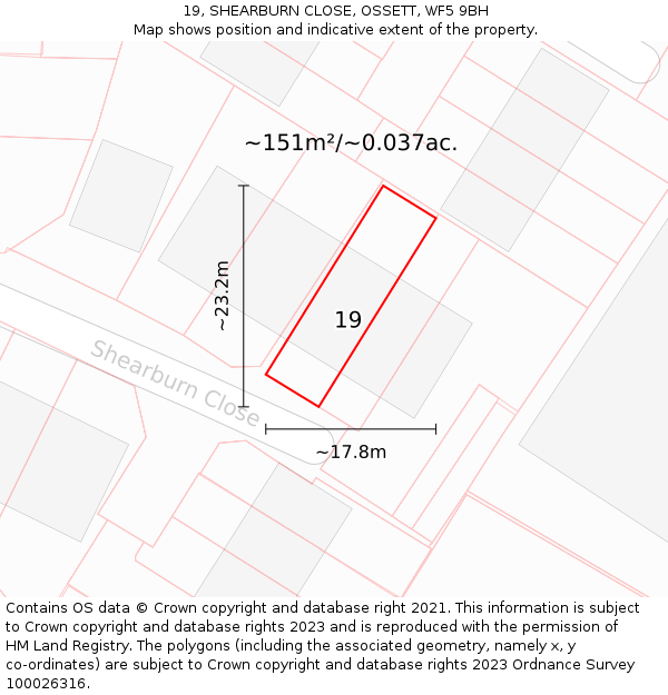 19, SHEARBURN CLOSE, OSSETT, WF5 9BH: Plot and title map