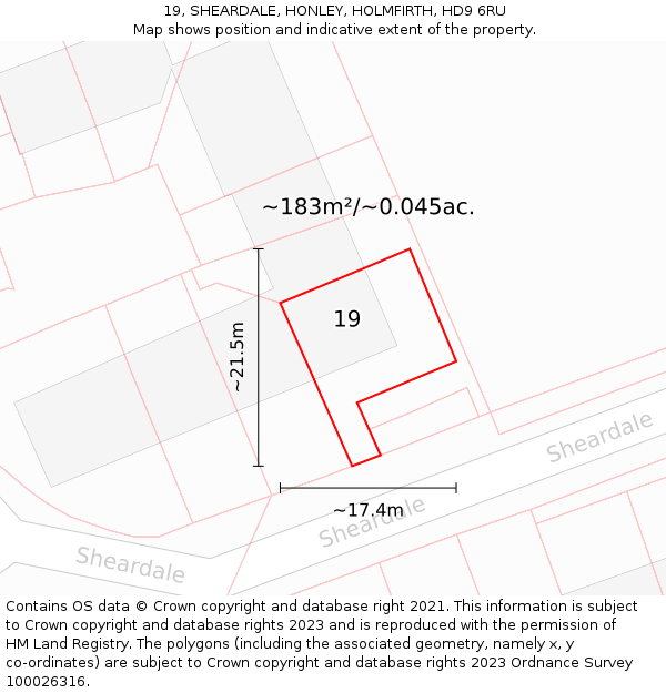 19, SHEARDALE, HONLEY, HOLMFIRTH, HD9 6RU: Plot and title map
