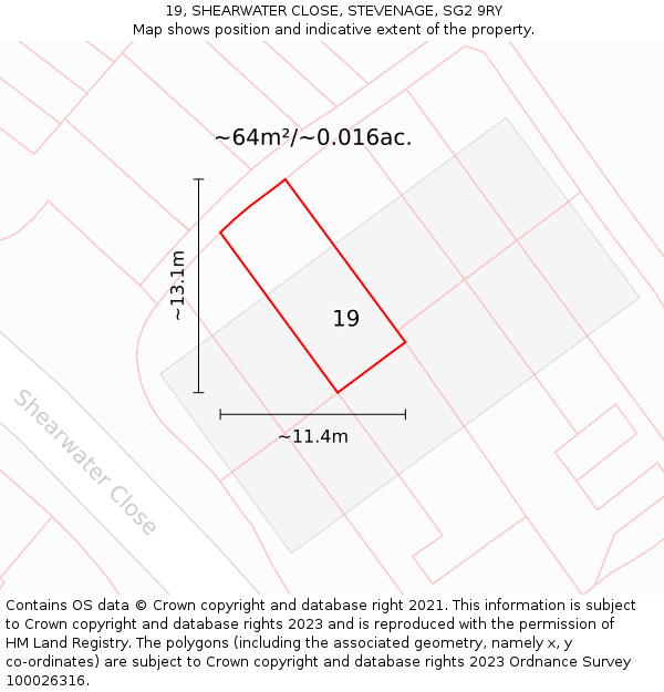 19, SHEARWATER CLOSE, STEVENAGE, SG2 9RY: Plot and title map