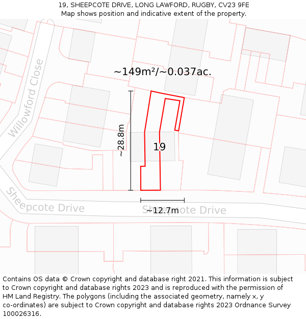 19, SHEEPCOTE DRIVE, LONG LAWFORD, RUGBY, CV23 9FE: Plot and title map