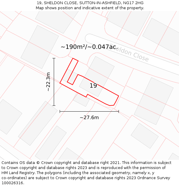 19, SHELDON CLOSE, SUTTON-IN-ASHFIELD, NG17 2HG: Plot and title map