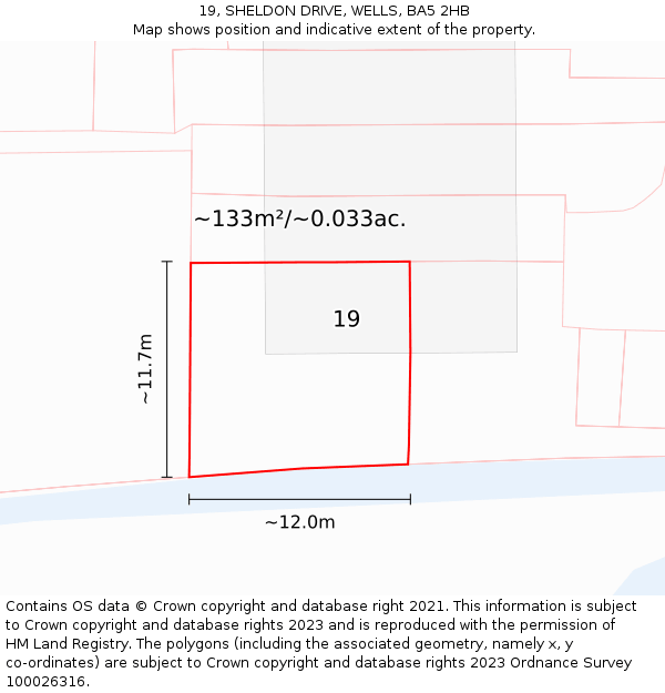19, SHELDON DRIVE, WELLS, BA5 2HB: Plot and title map