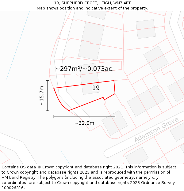 19, SHEPHERD CROFT, LEIGH, WN7 4RT: Plot and title map