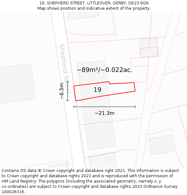 19, SHEPHERD STREET, LITTLEOVER, DERBY, DE23 6GA: Plot and title map