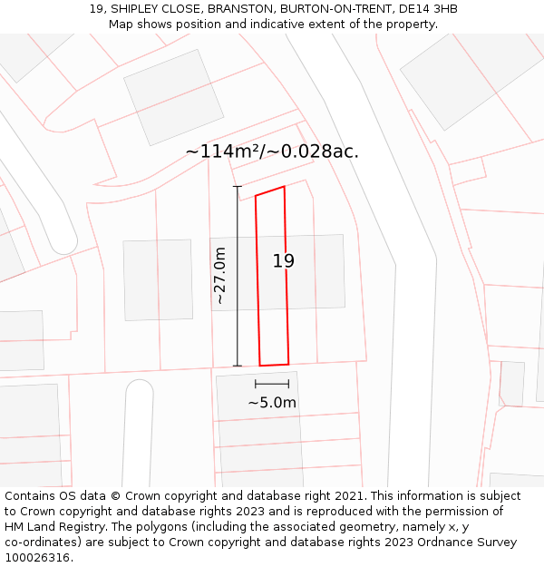 19, SHIPLEY CLOSE, BRANSTON, BURTON-ON-TRENT, DE14 3HB: Plot and title map
