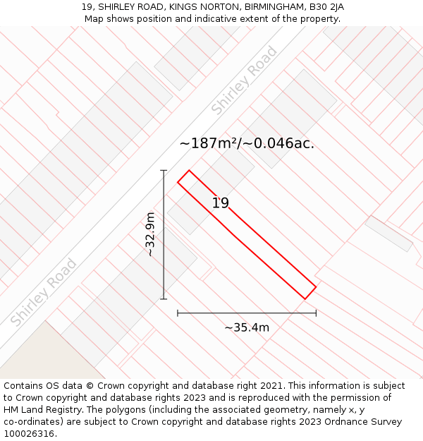 19, SHIRLEY ROAD, KINGS NORTON, BIRMINGHAM, B30 2JA: Plot and title map